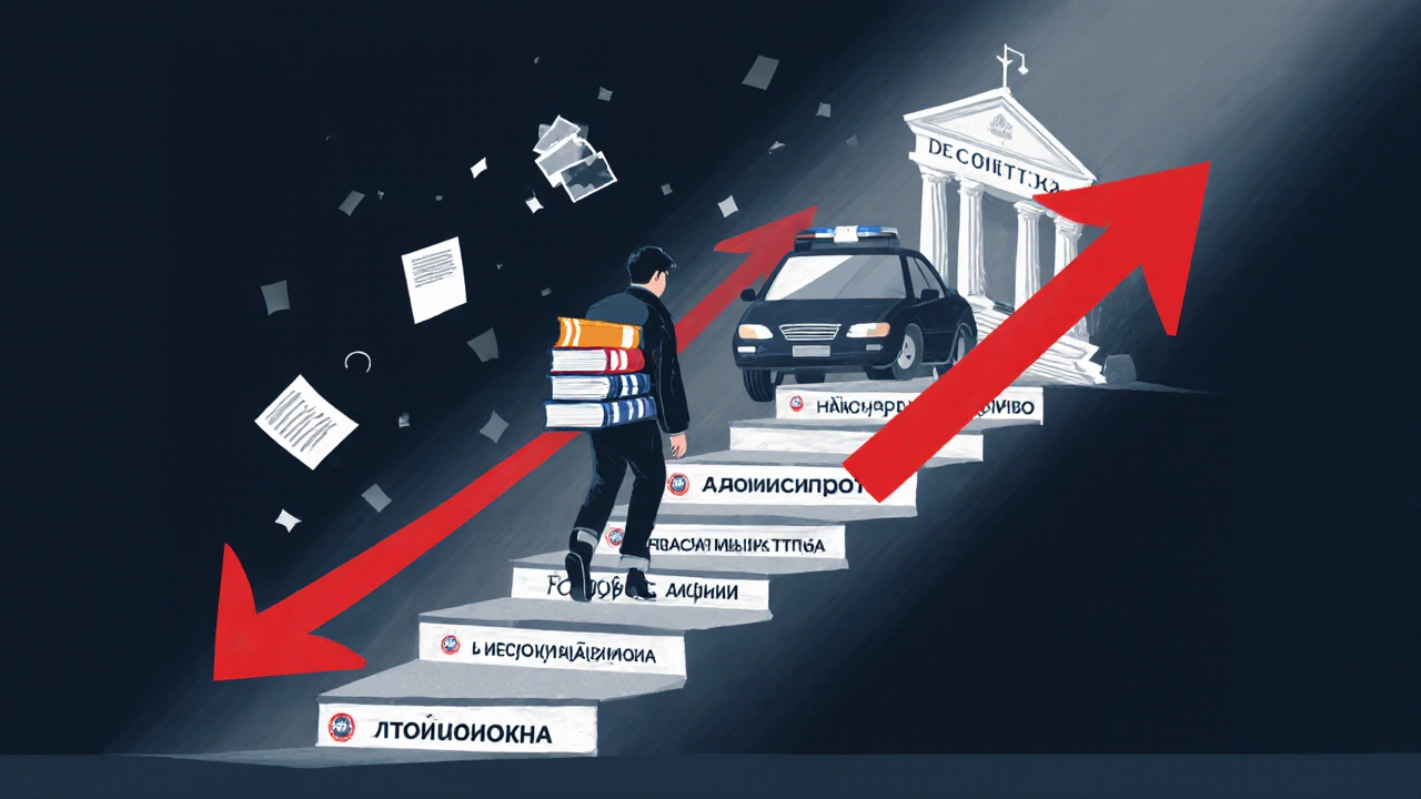 Человек поднимается по ступеням с органами власти, неся доказательства нарушений, свет снизу подсвечивает путь.