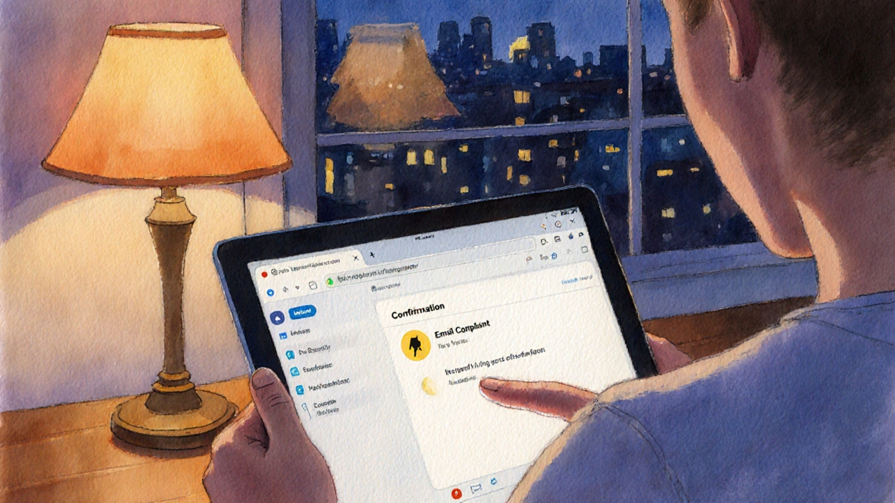 Человек проверяет статус отправленной жалобы на планшете в вечерней атмосфере.
