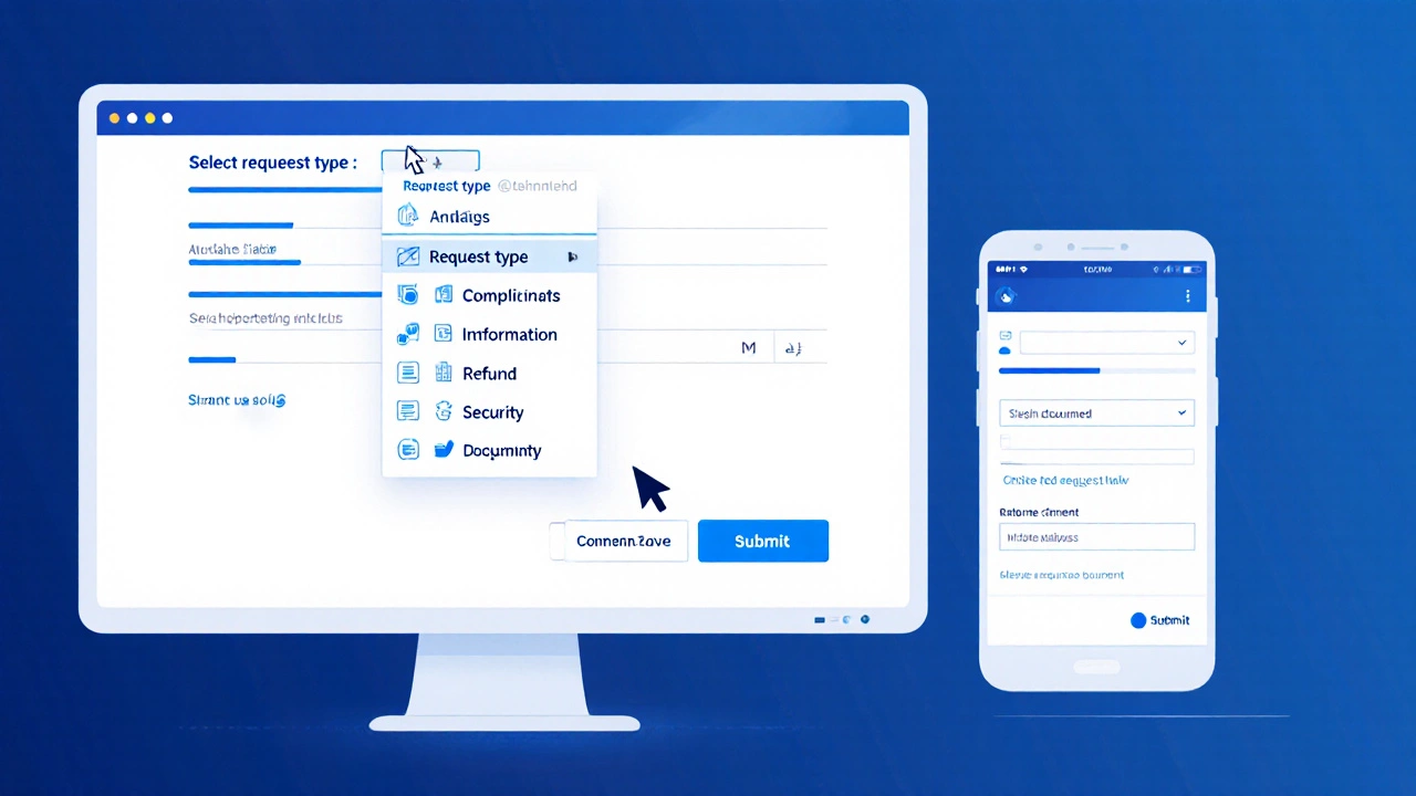 Экран компьютера и смартфона с онлайн‑формой обращения в банк, курсор выбирает тип запроса.