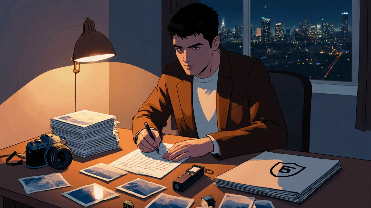 Гражданин собирает доказательства и пишет жалобу за столом.