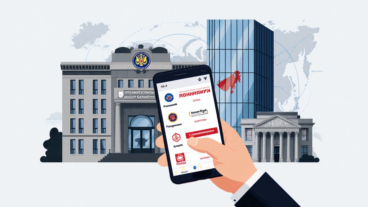 Иллюстрация зданий МВД, прокуратуры, Уполномоченного и мобильного приложения.