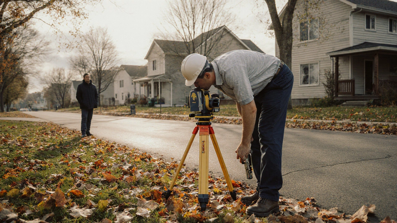 Кадастровый инженер проводит замеры границ участка с использованием геодезического оборудования.