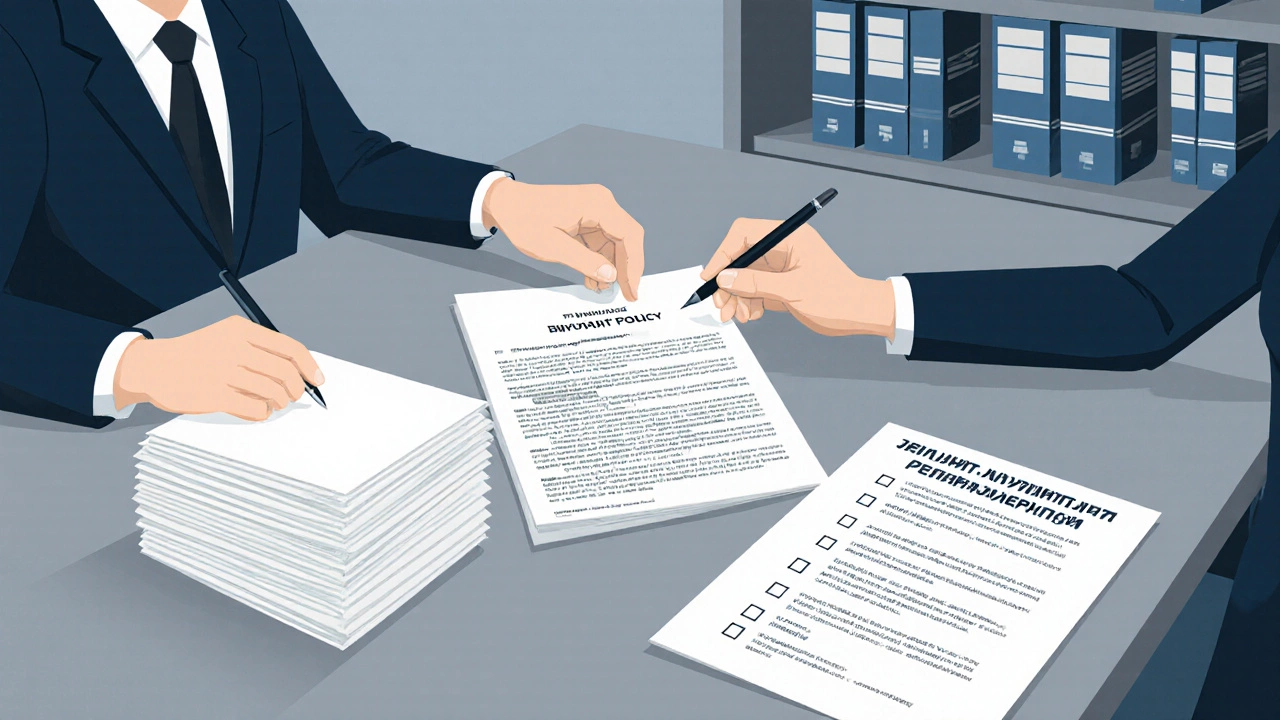 Клиент и адвокат обсуждают иск, рядом лежат полис, экспертный акт и чек‑лист.