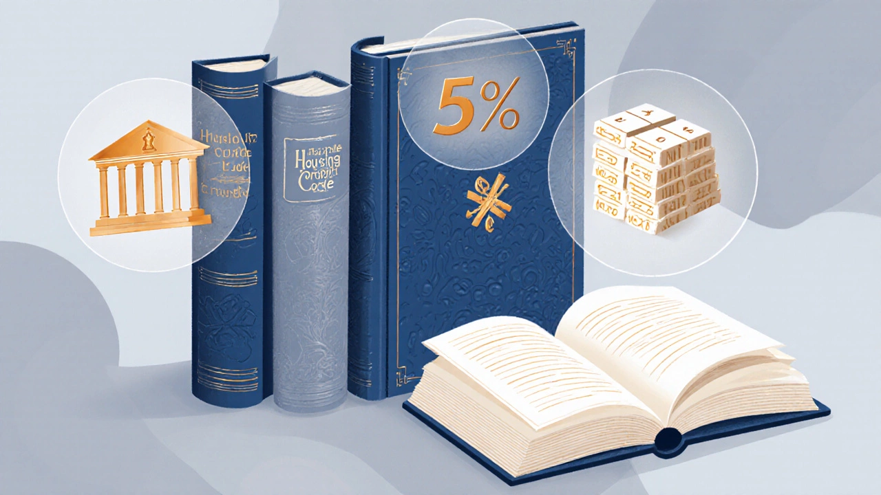 Коллаж с книгами законов, гравием, процентом и символом 30 подписей.