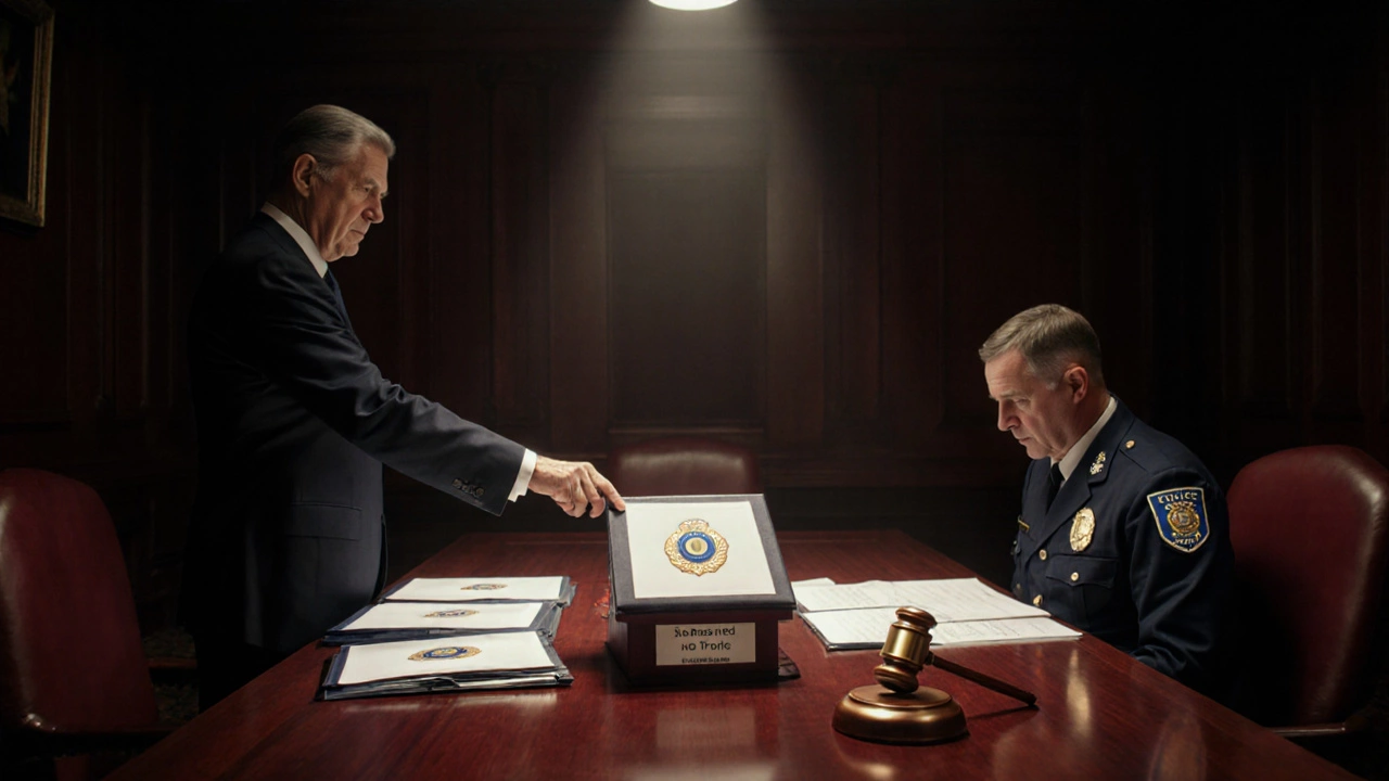 Комиссия рассматривает дело: документы, гavel и офицер в форме.