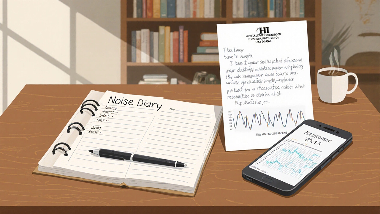 Открытый дневник шума с ручкой, смартфоном и письмом в управляющую компанию на деревянном столе.