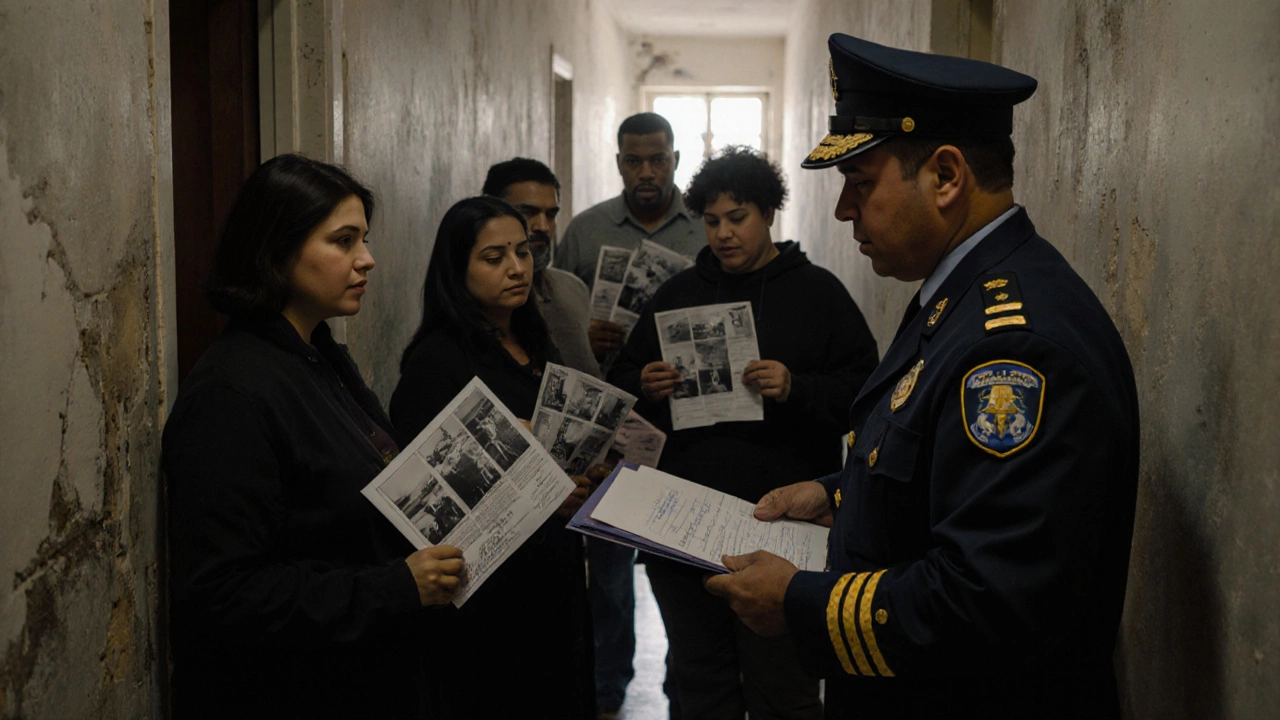 Группа соседей передает петицию сотруднику жилинспекции в подъезде, все серьезны и сосредоточены.