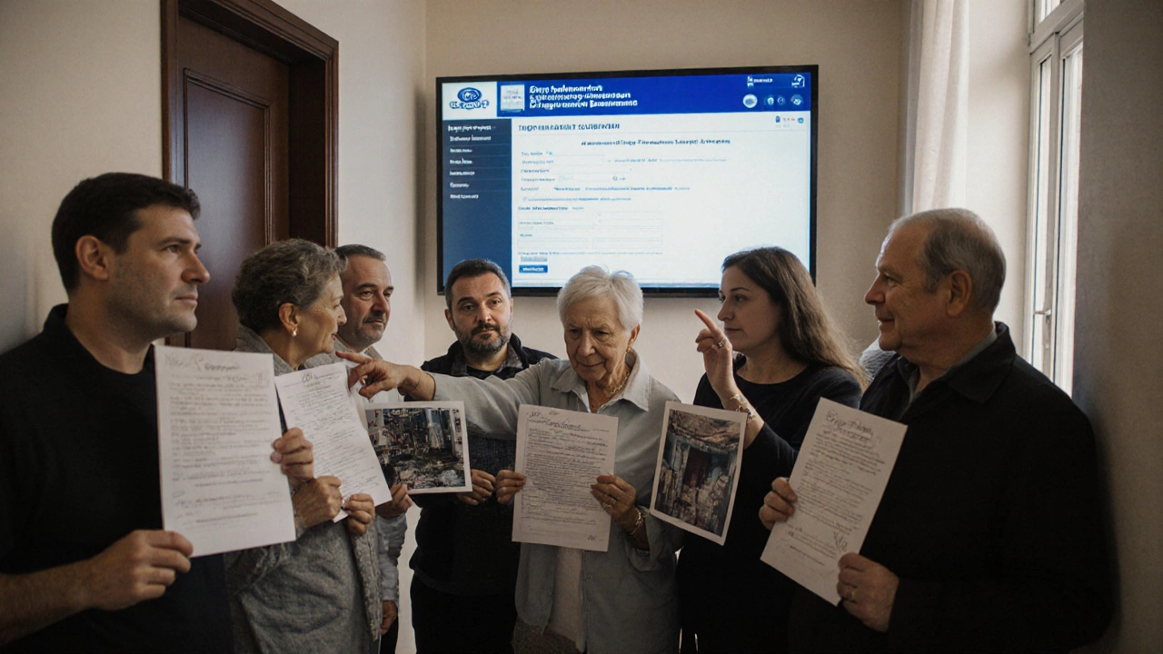 Группа жильцов в подъезде держат подписи и фото нарушений, на экране — портал Госжилинспекции.