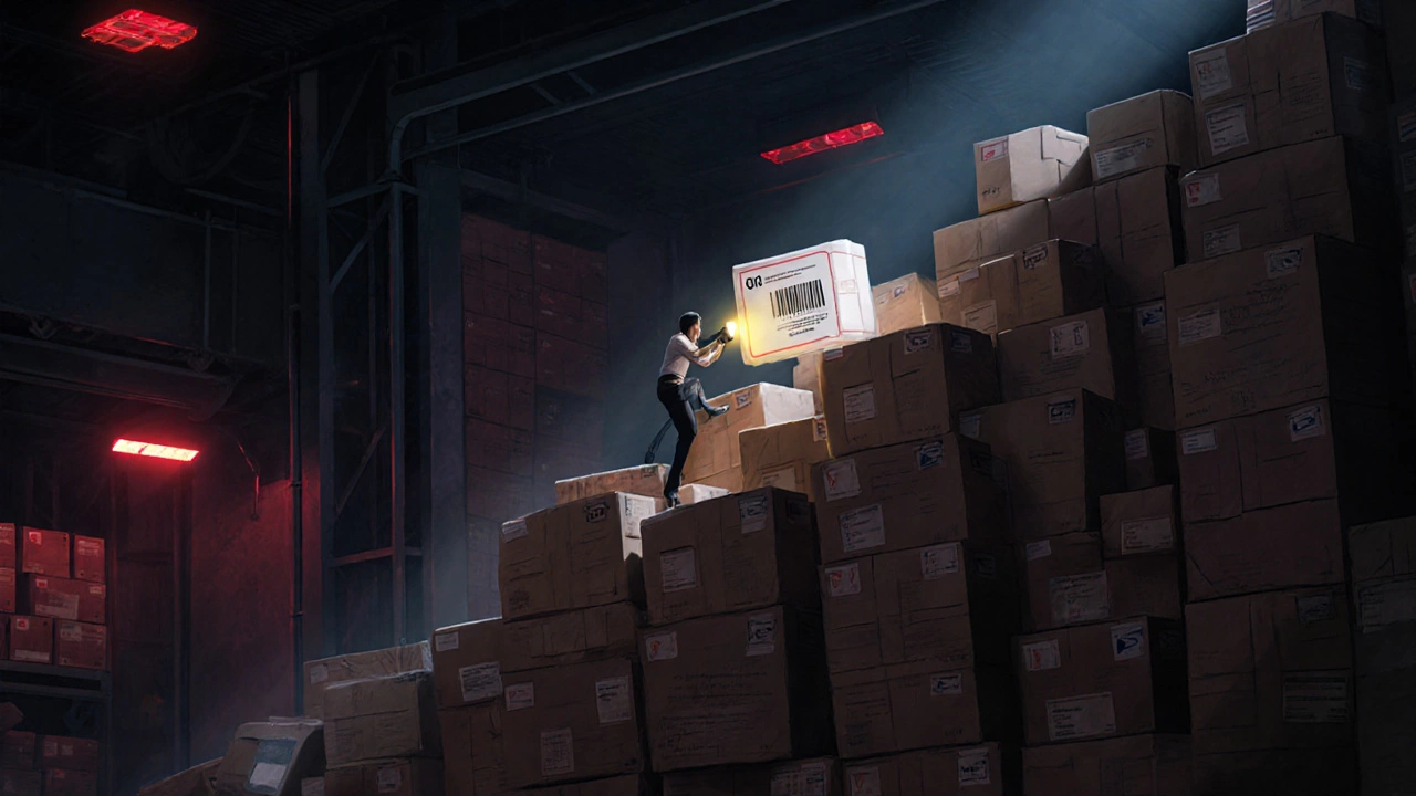 Один посылка светится среди горы забытых отправлений в сортировочном центре.