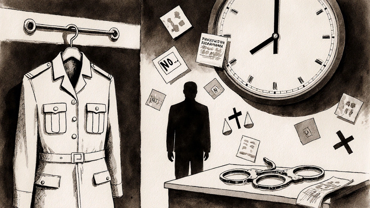 Пустая форма полицейского с наручниками и часами без стрелок, символ бездействия.