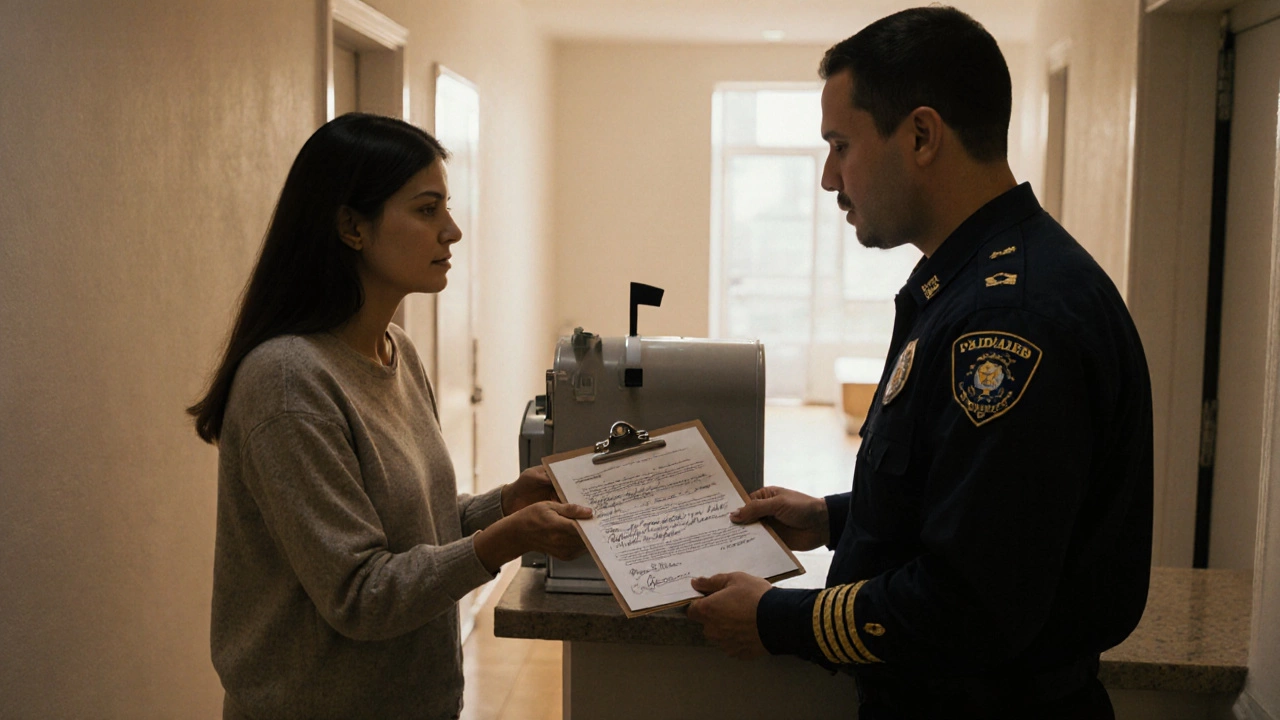 Сосед передает письменную жалобу управляющему с подписями других жильцов в подъезде.