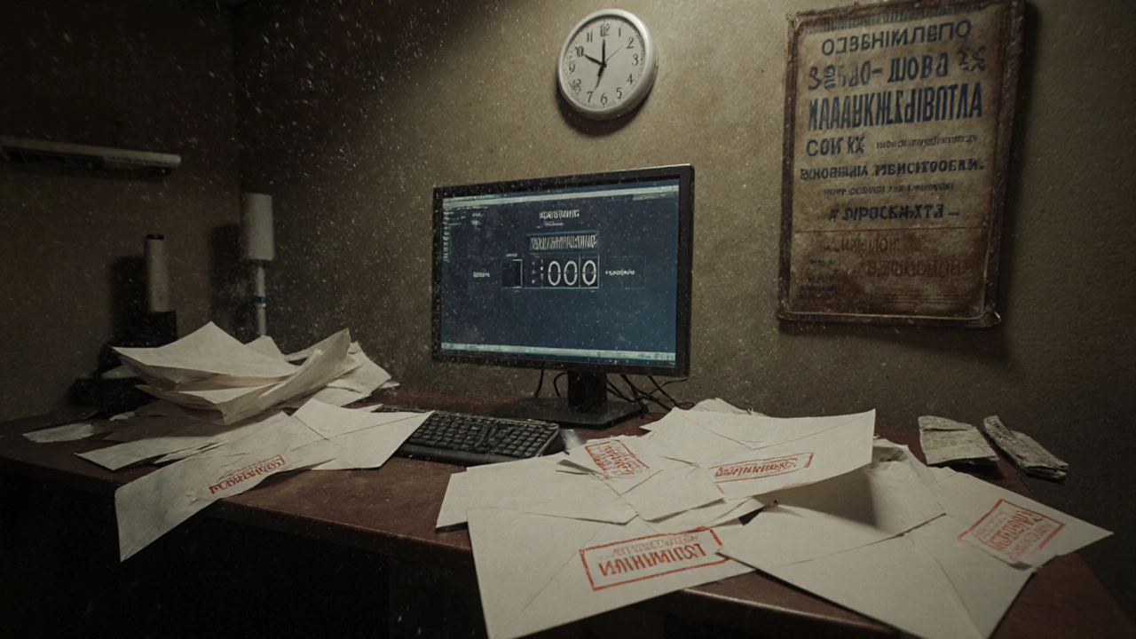 Стол в участке с нерассмотренными заявлениями, компьютер с backlog, часы остановились.