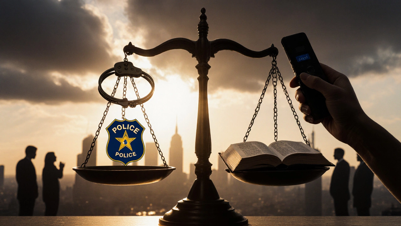 Весы справедливости: полицейский значок против закона и устройства записи.