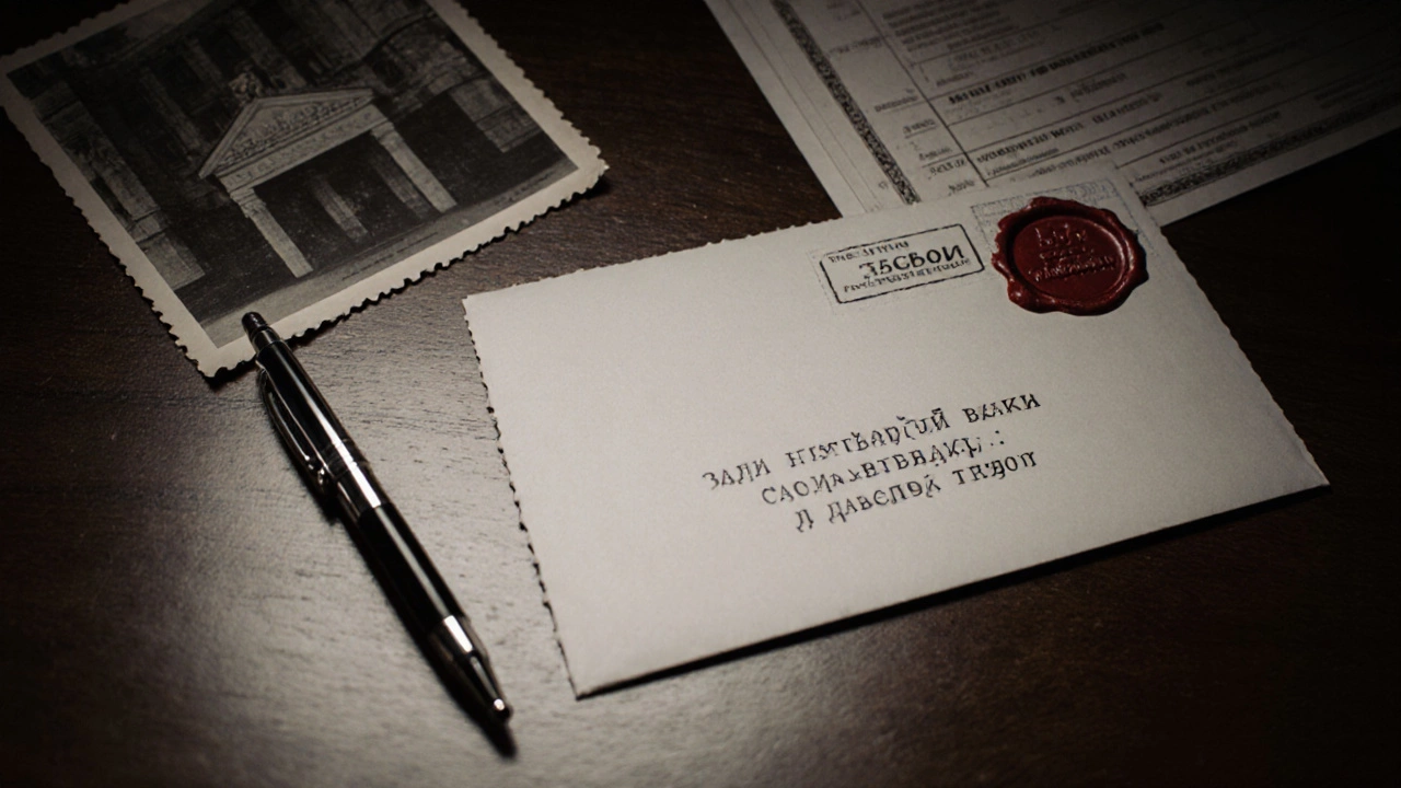 Заказное письмо с печатью, адресованное Сбербанку, на столе сReceipt и документами.