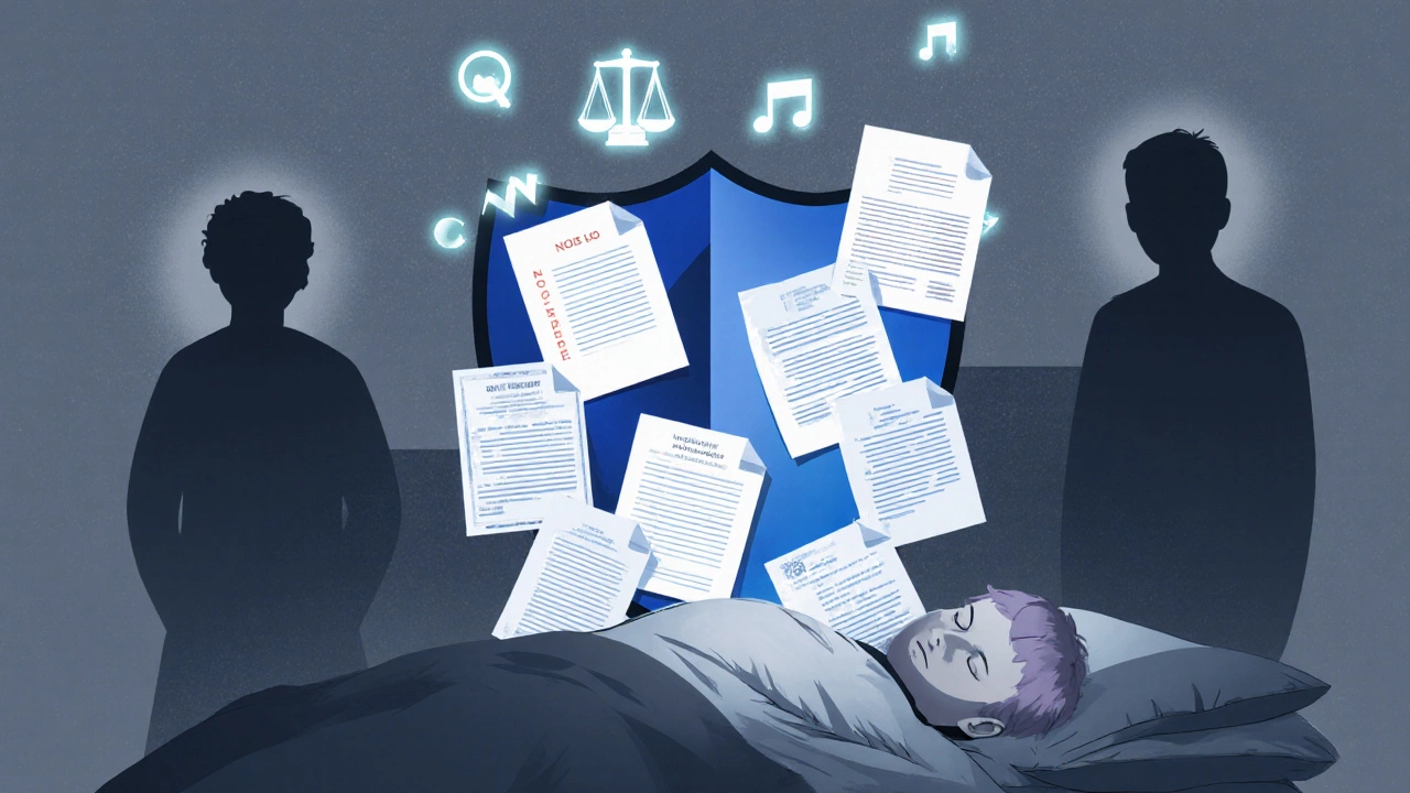 Защитный щит из документов окружает спящего человека, а шумные соседи исчезают в тени.