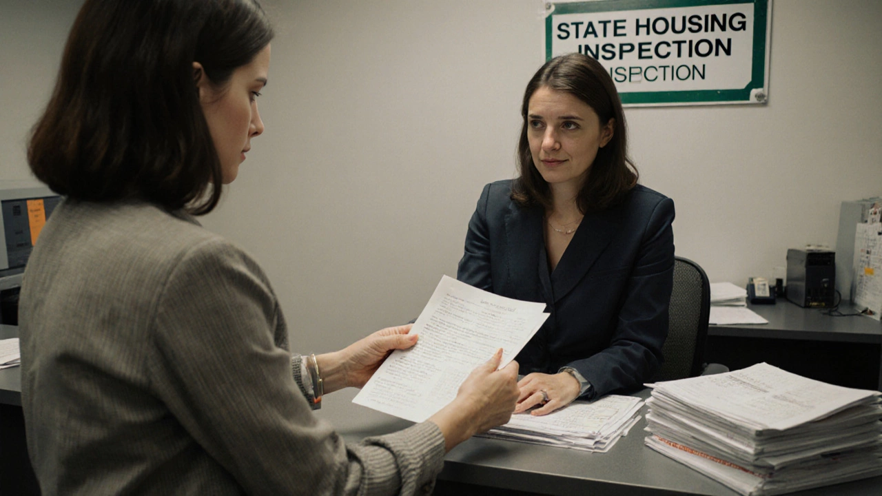 Женщина подает письменную жалобу в офис Госжилинспекции с документами и показаниями счетчиков.
