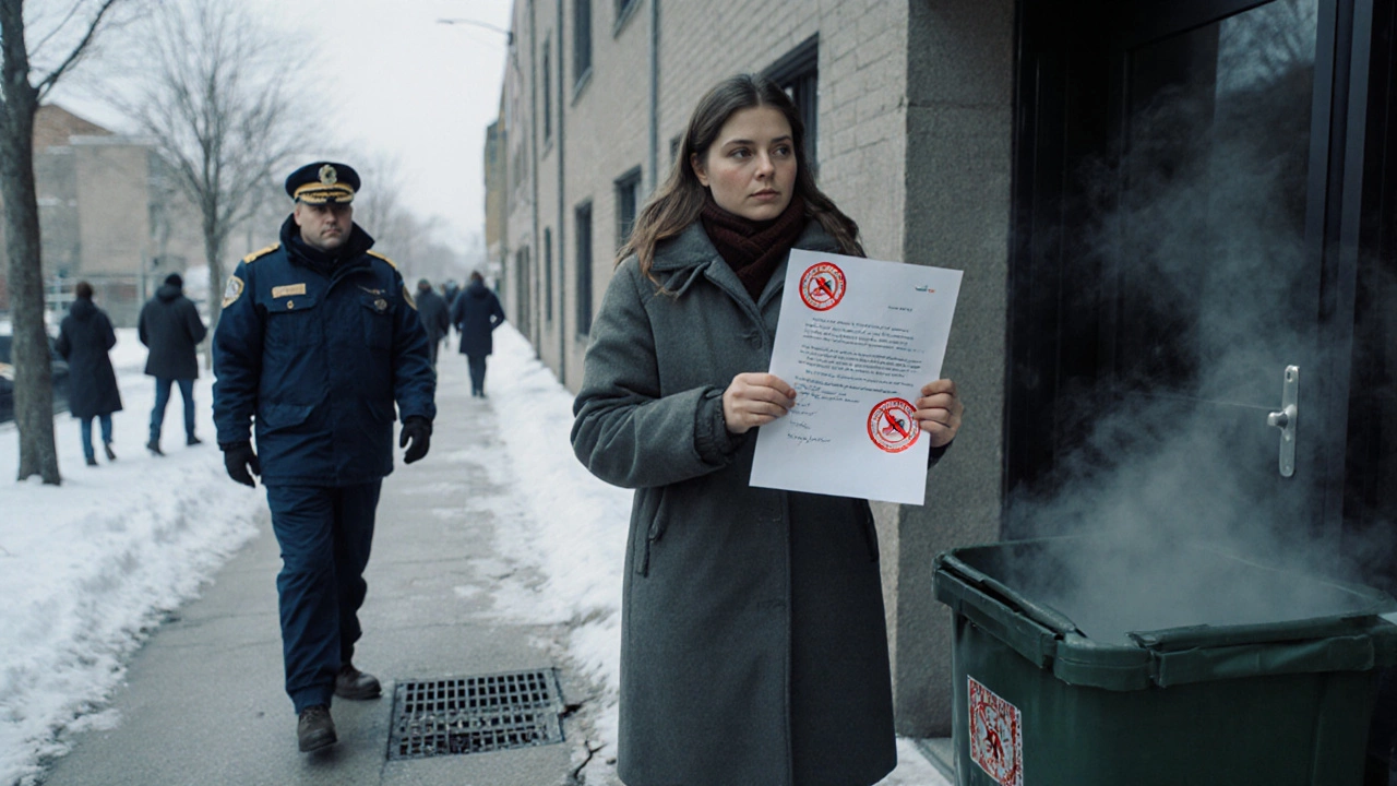 Женщина подаёт жалобу у входа в дом, рядом мусорный бак и канализационный люк, на заднем плане проходят люди.
