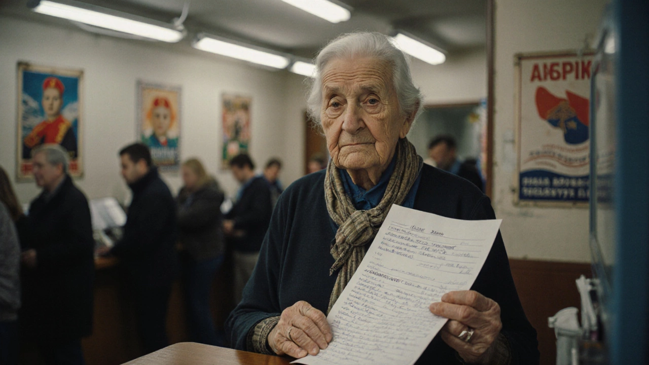 Женщина подаёт жалобу в почтовое отделение, держа в руках распечатку и письмо.