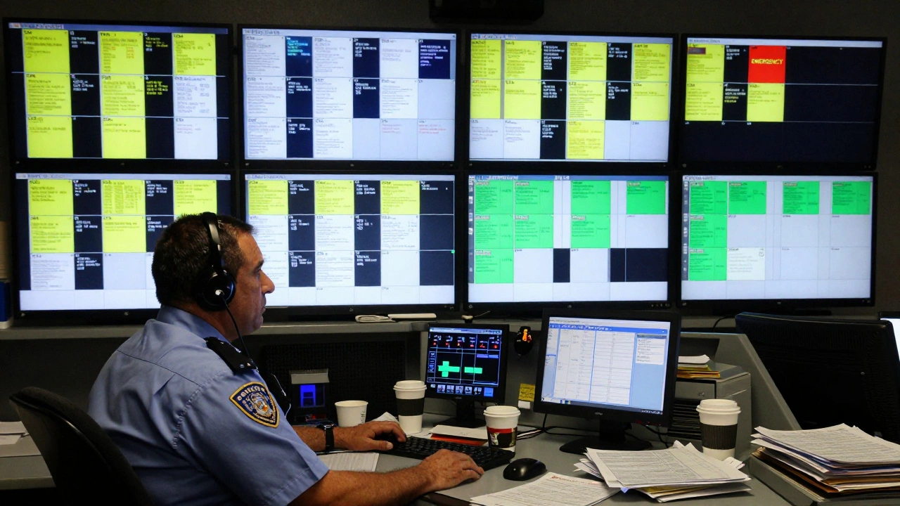 Диспетчер в помещении управления смотрит на экраны с множеством вызовов полиции.