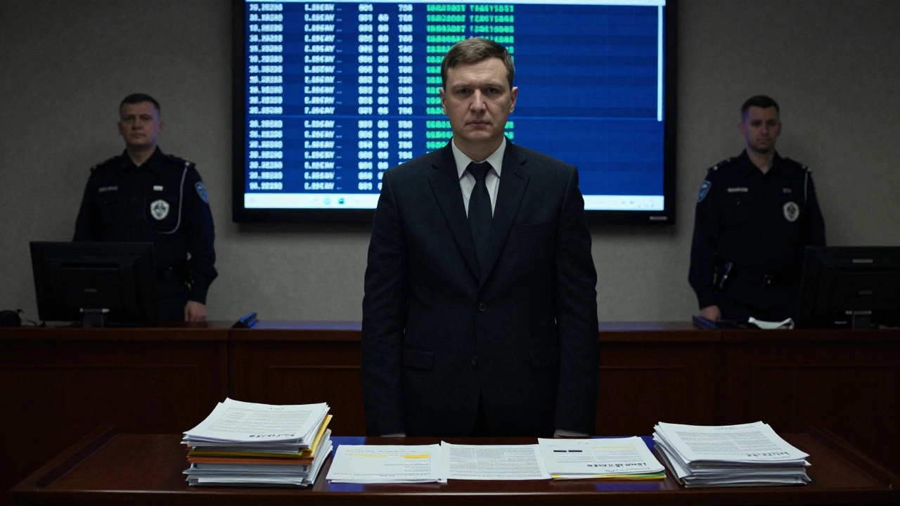 Гражданин представляет доказательства в суде Казани, а на экране — лог вызова полиции, офицеры в тени.