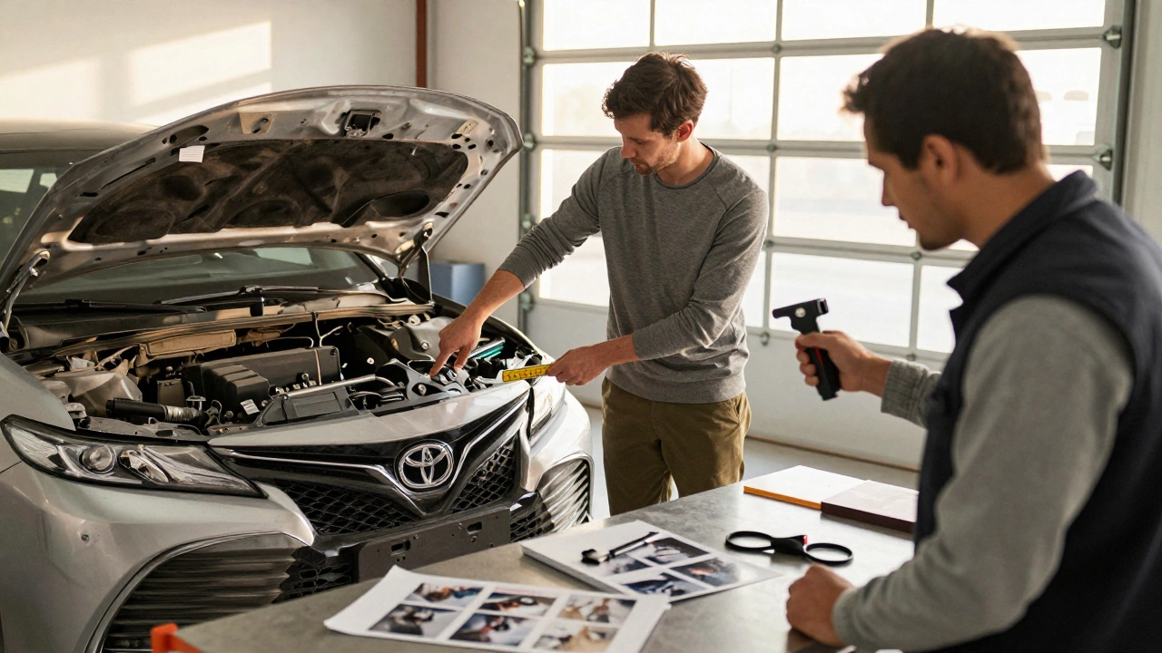 Независимый эксперт измеряет повреждения подвески на поврежденном автомобиле в гараже.