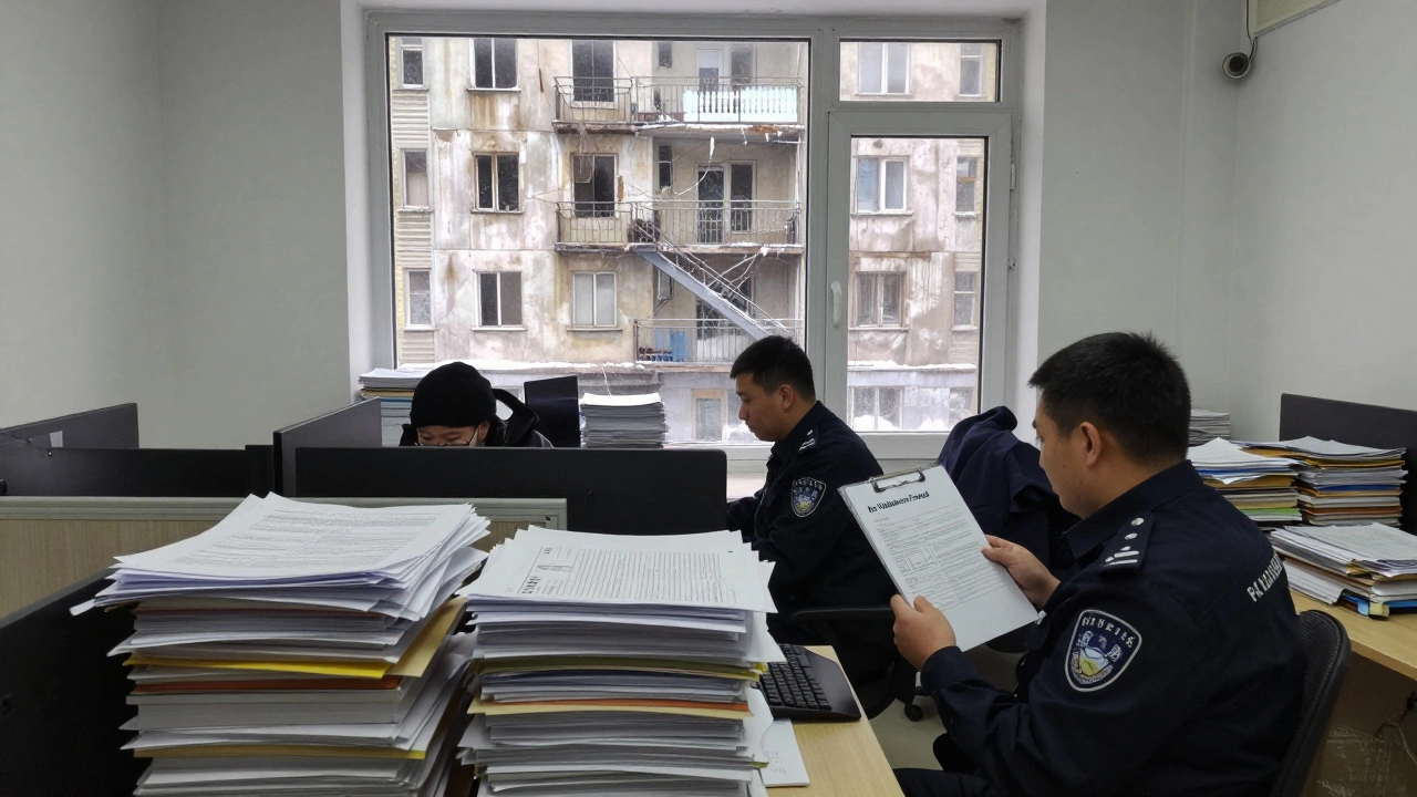 Перегруженный офис жилищной инспекции с горами бумаг и надписью 'нарушений нет'.