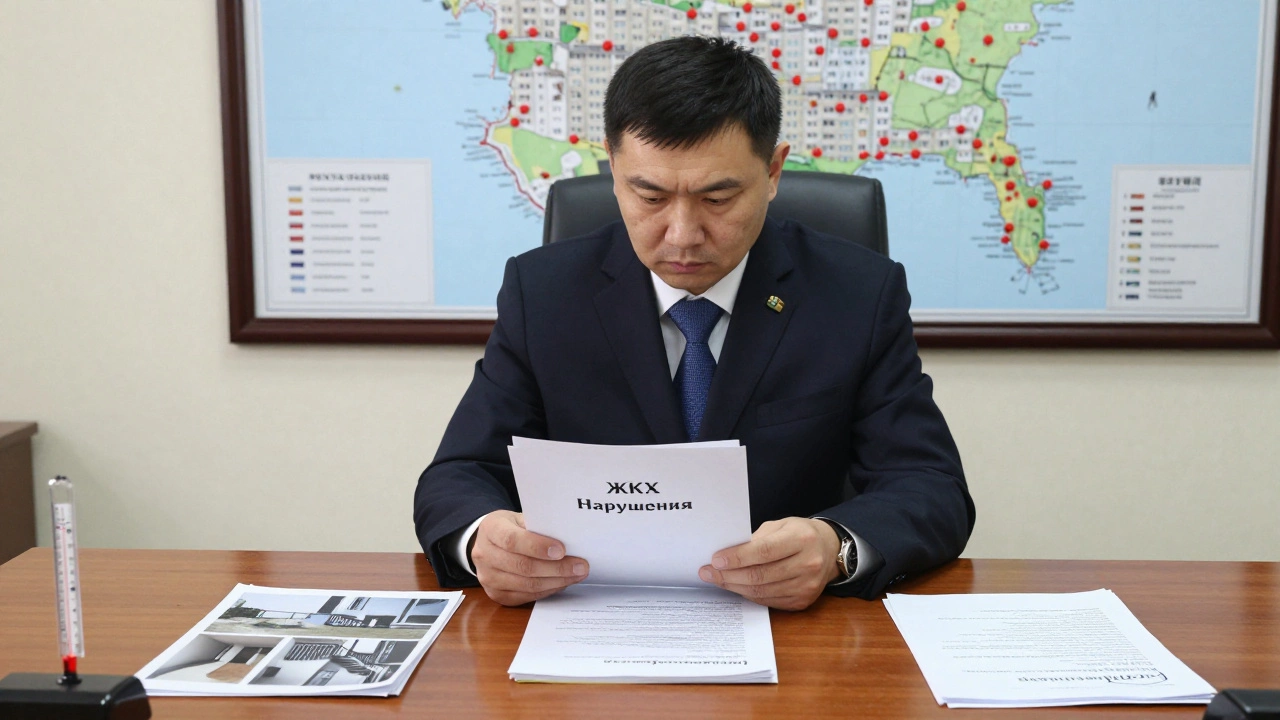 Прокурор изучает доказательства нарушений ЖКХ в офисе, на столе фото и документы.