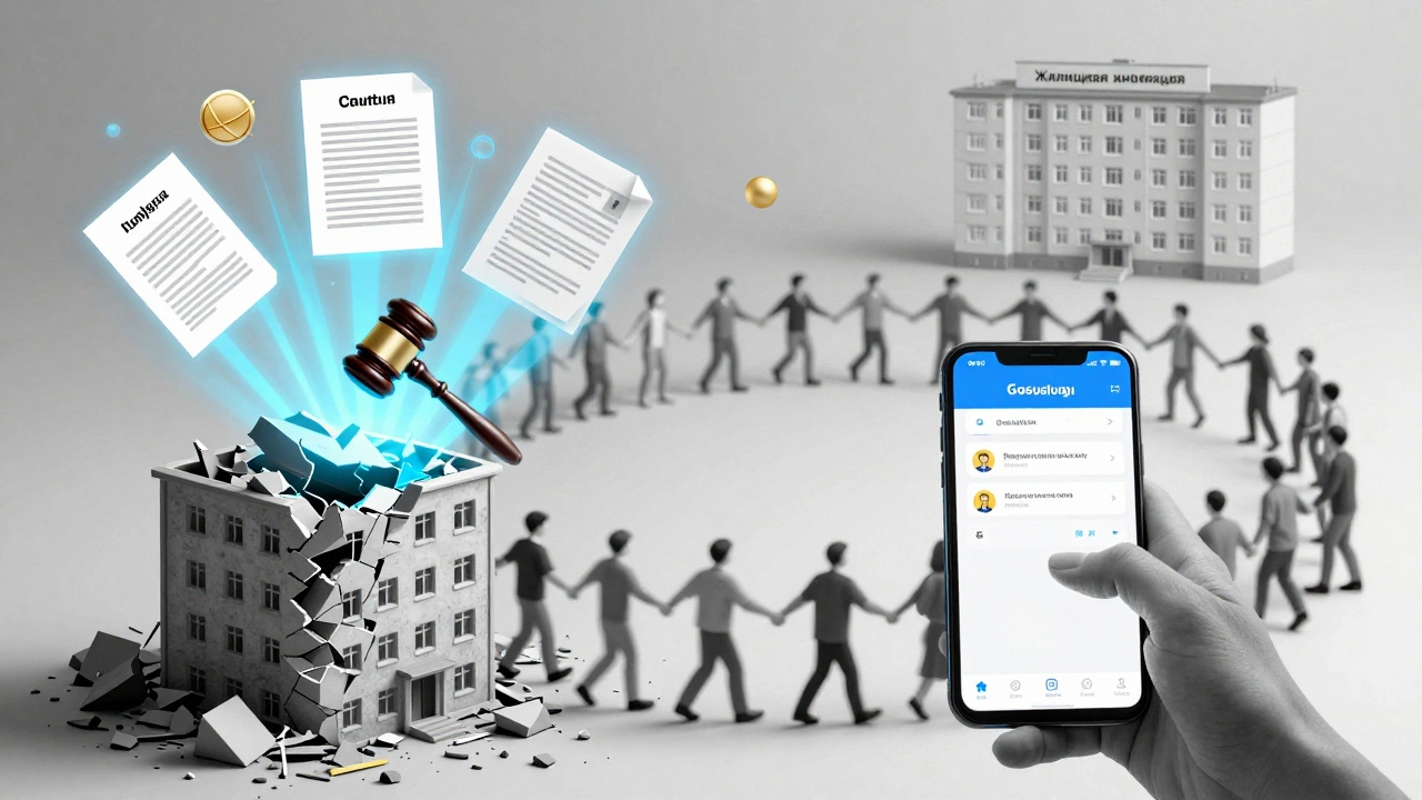 Рука с телефоном отправляет жалобу, которая превращается в юридические действия против управляющей компании.