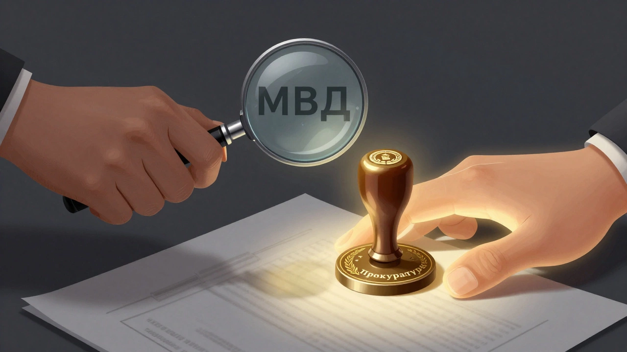 Рука с увеличительным стеклом над разрушающейся печатью МВД, в то время как золотая печать прокуратуры внизу усиливает законность.