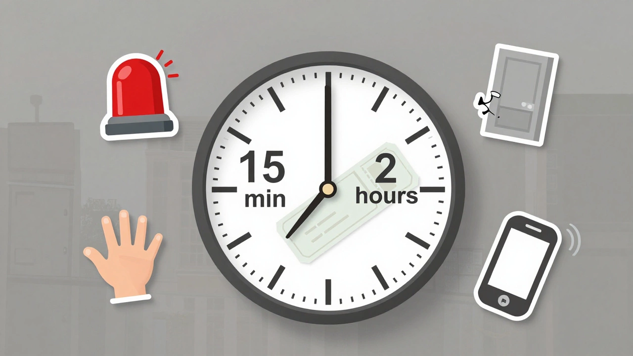 Символический час с двумя сроками реагирования полиции: 15 минут и 2 часа.