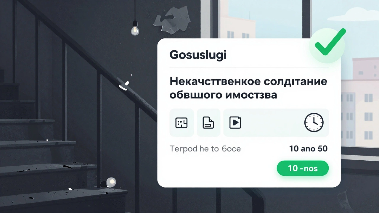 Сравнение грязного подъезда и интерфейса Госуслуг с поданной жалобой и сроком ответа.