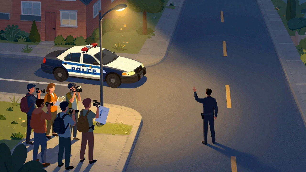 В районе одна группа жителей с камерами и заявлениями, рядом — пустая дорога без полиции.