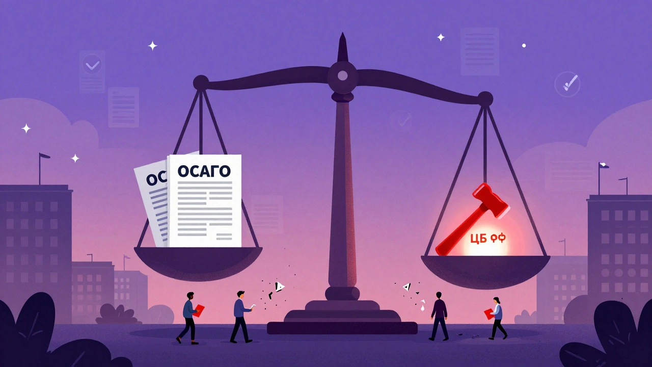 Весы справедливости уравновешивают страховые полисы и власть ЦБ РФ в городском пейзаже.