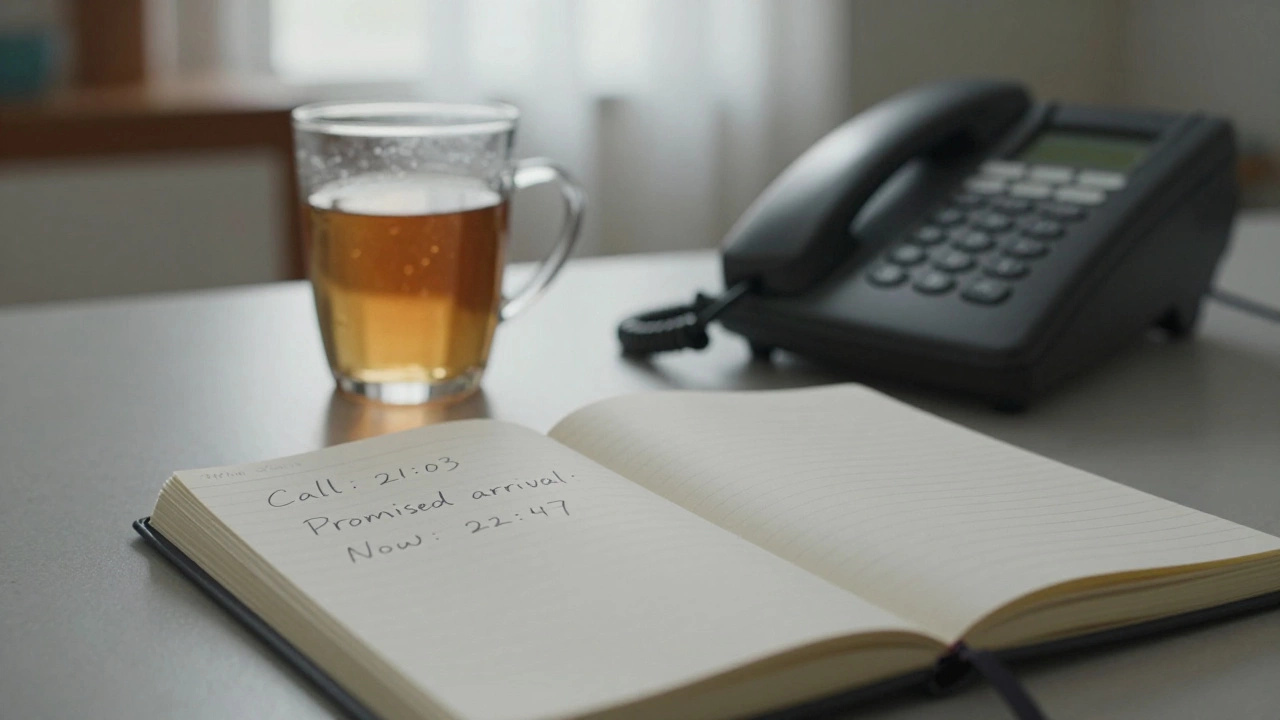 Запись времени вызова полиции на блокноте рядом с холодным чаем на кухне.
