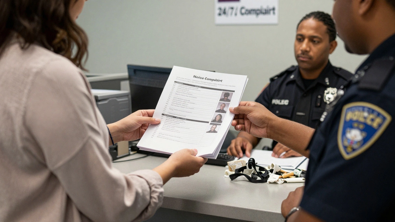 Женщина передает журнал нарушений и фото соседей сотруднику полиции в кабинете.