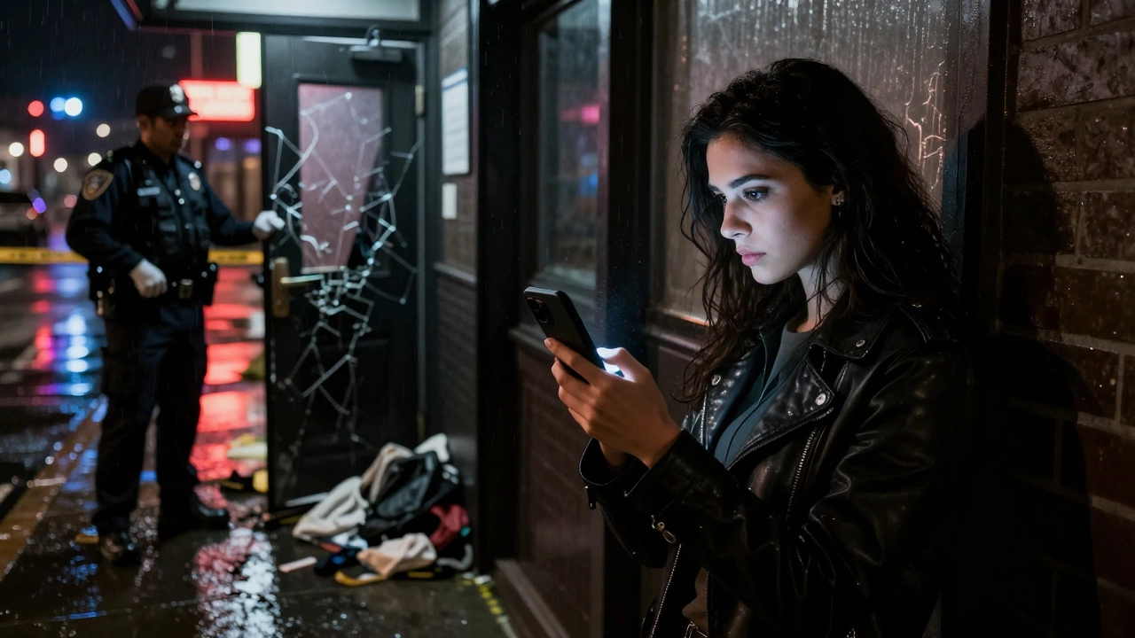 Женщина записывает полицию на телефон ночью, за ней разбитая дверь и следы взлома.