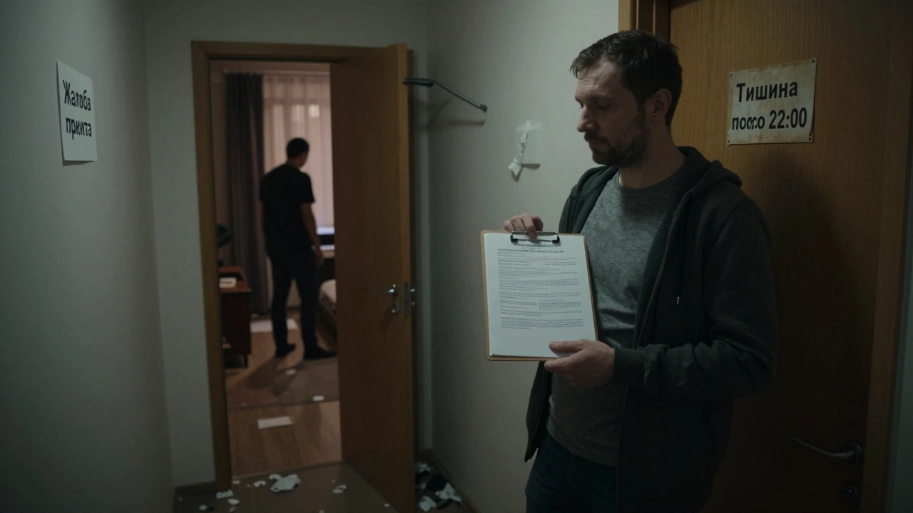 Мужчина подает жалобу в управляющую компанию в коридоре многоквартирного дома.