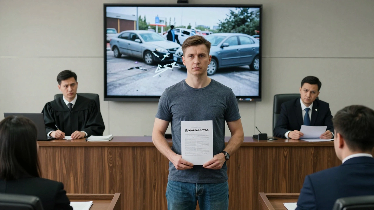 Мужчина в суде представляет дело против страховой компании, на экране — фото ДТП