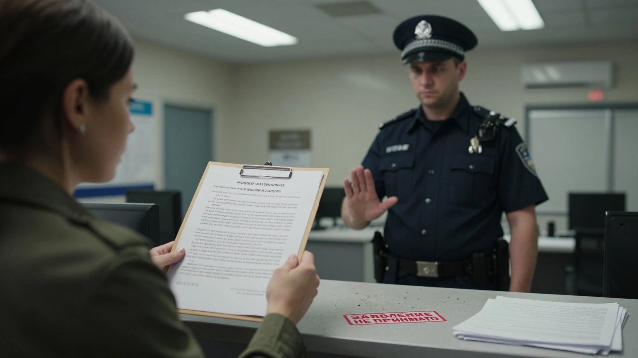 Полицейский отвернулся от человека, подающего заявление, в офисе дежурной части, документы на столе.