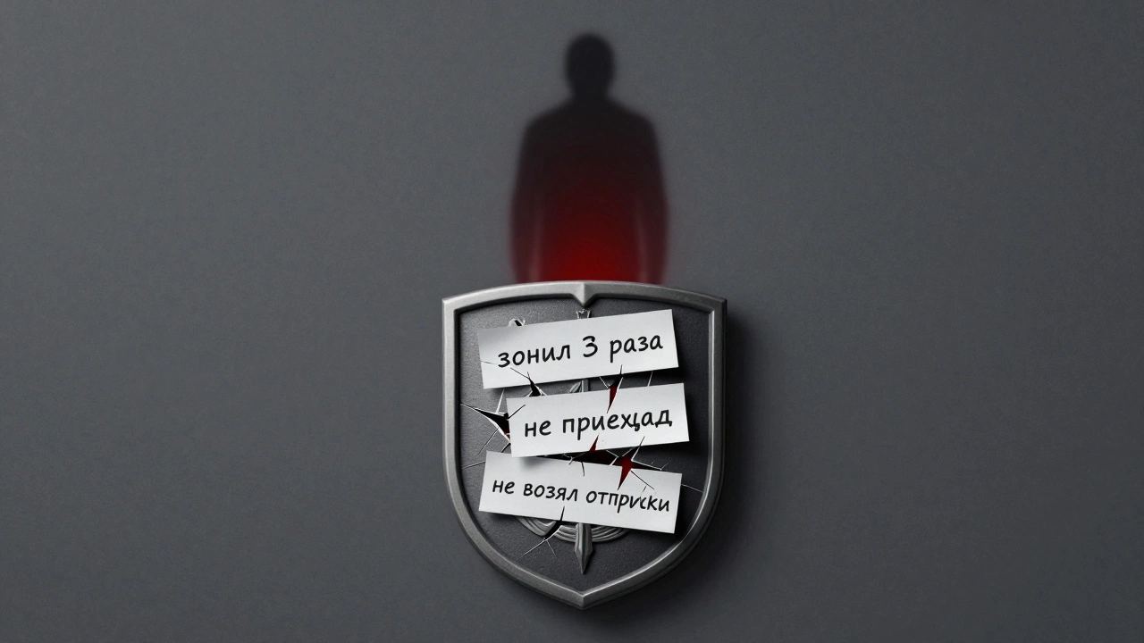 Разбитый полицейский щит с записками о бездействии, фигура гражданина исчезает в тени.