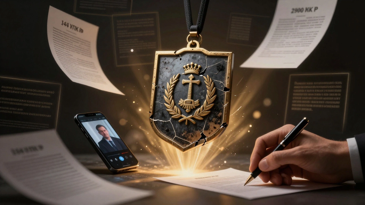 Разбитый полицейский значок в воздухе, рядом — документы и смартфон с видео, символизирующий борьбу за справедливость.