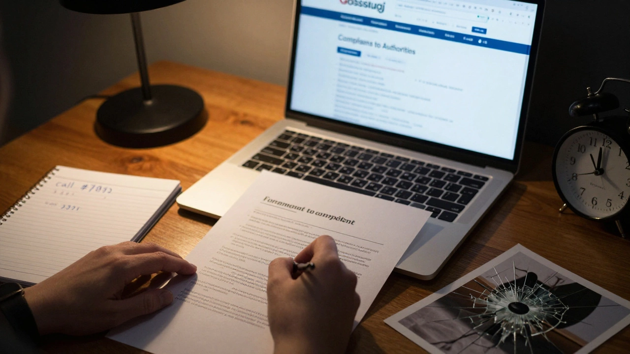 Рука пишет жалобу на бумаге, рядом ноутбук с сайтом Госуслуг, фото разбитого стекла и запись времени звонка.