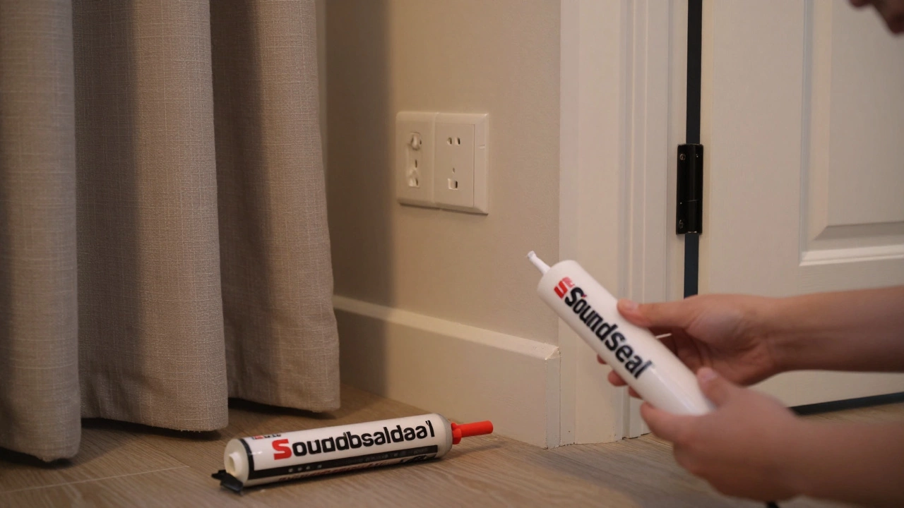 Руки заделывают щели вокруг розеток и плинтусов звукопоглощающим герметиком.