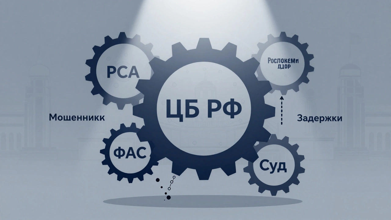 Схема контроля страховых компаний в России: ЦБ, РСА, ФАС и суд в виде взаимосвязанных шестерёнок.