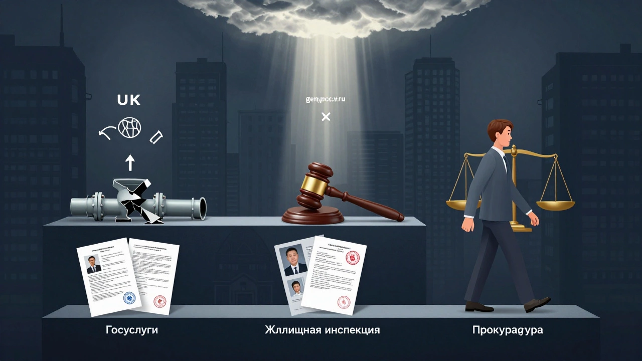 Схематичная иллюстрация пути защиты прав жильцов: от управляющей компании к прокуратуре через инспекцию.