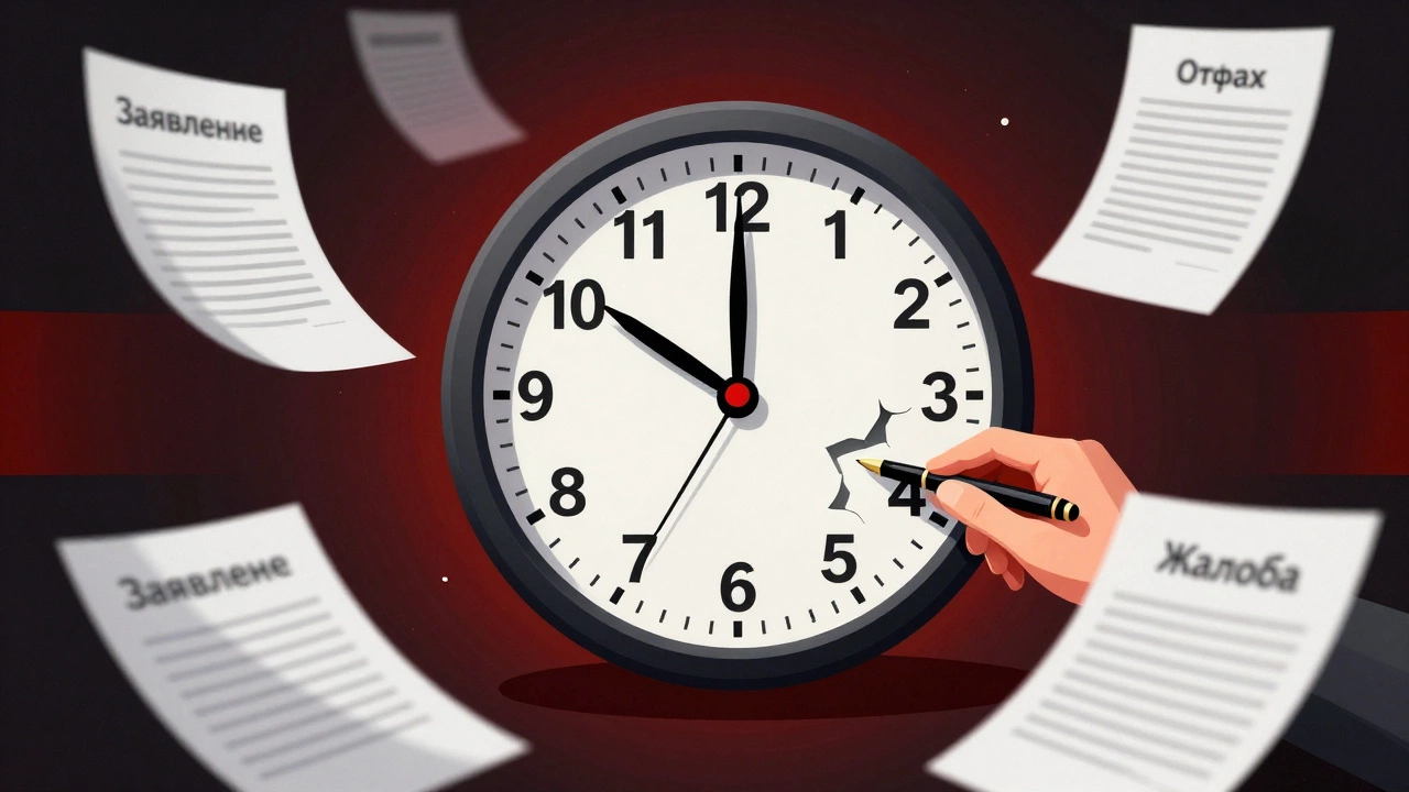 Сломанные часы с надписью '3 дня', вокруг — документы о заявлении и жалобе, символизирующие задержку ответа.