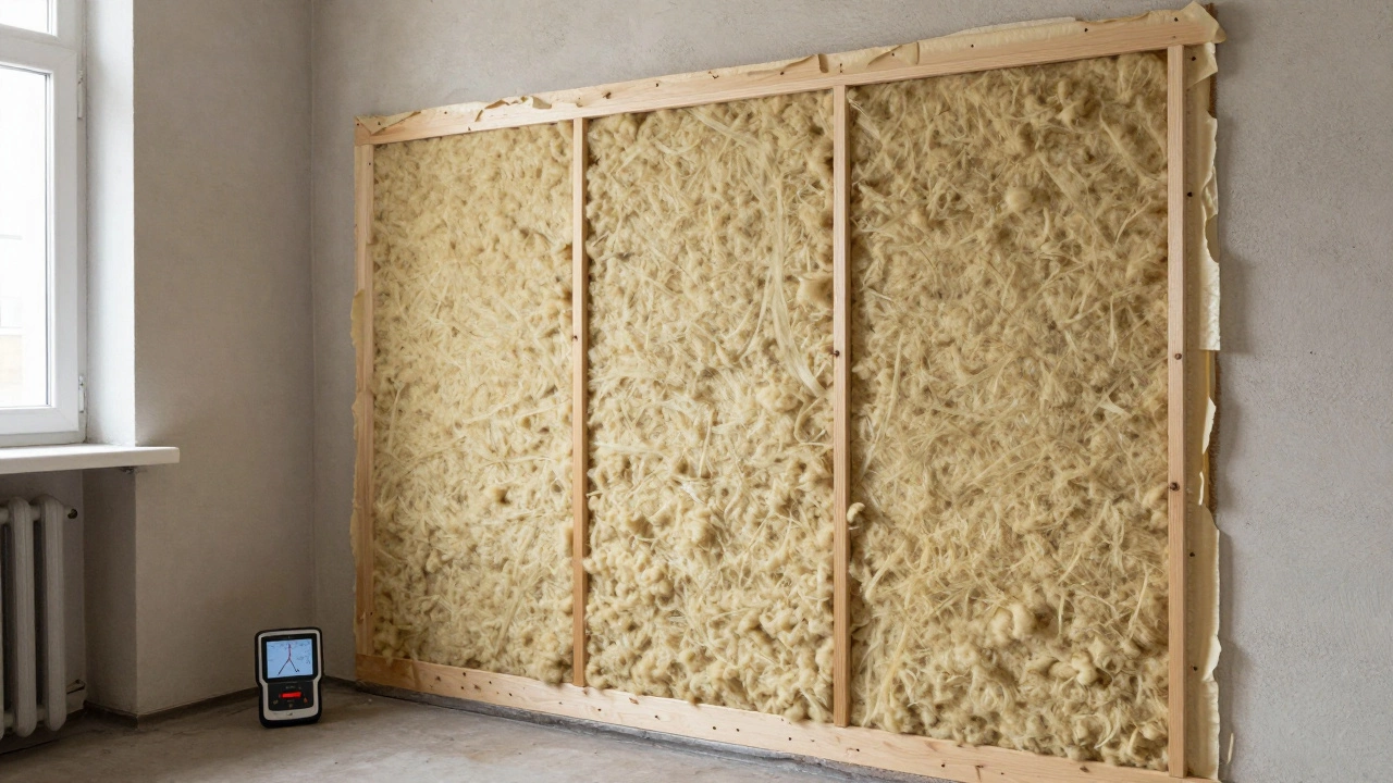 Стена с звукоизолирующей системой из минеральной ваты и гипсокартона, показывающая снижение шума.