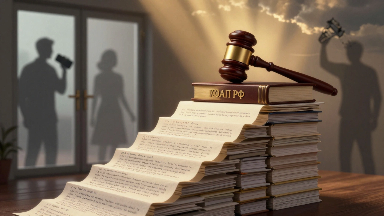 Стопка жалоб ведет к судебному гавелу, символизируя последовательное правовое действие против нарушителей.