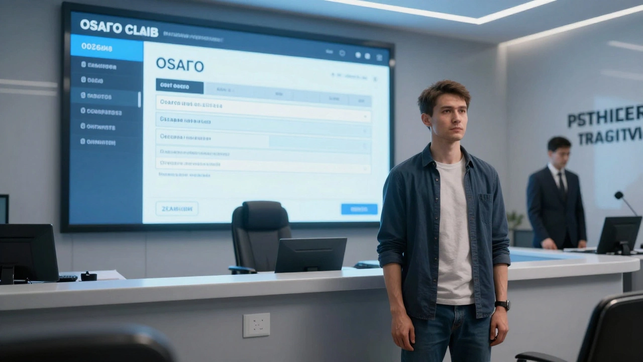 Судебное заседание в России 2026 года, истец стоит перед судьёй, на экране — электронная форма ОСАГО.