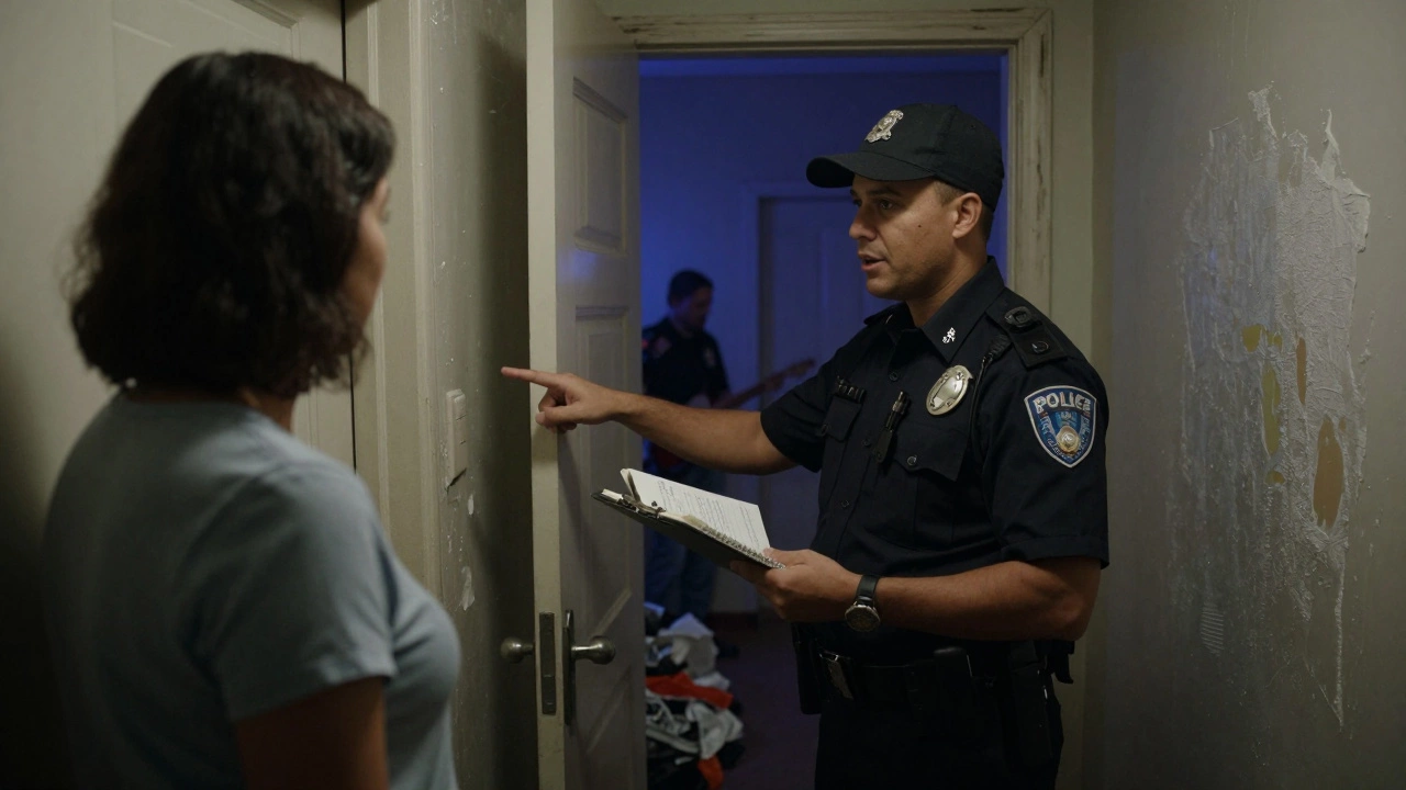 Участковый разговаривает с жильцом в подъезде, держа блокнот с записями о шуме.